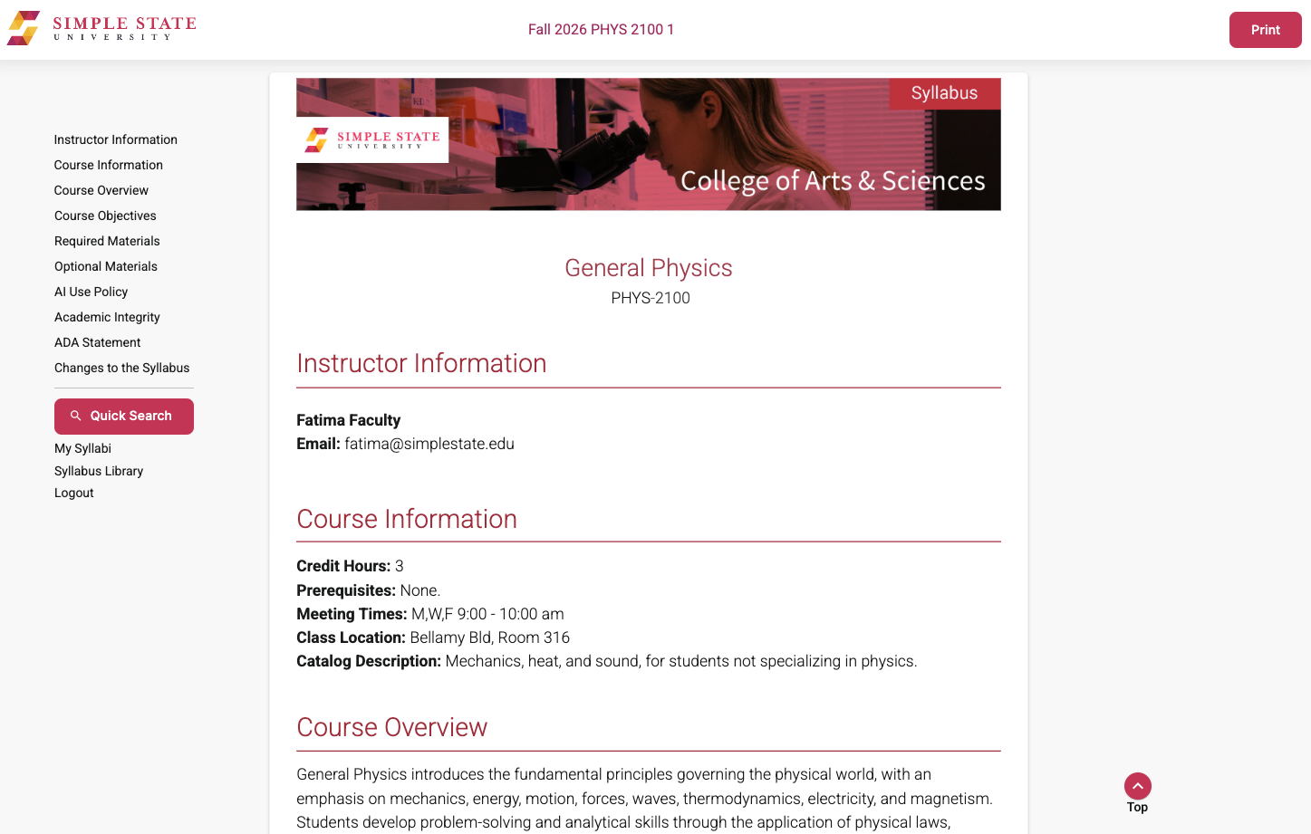 Digital syllabus depicting example course information.