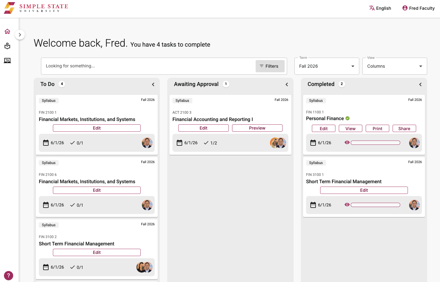 An instructor workflow dashboard for creating digital syllabi.