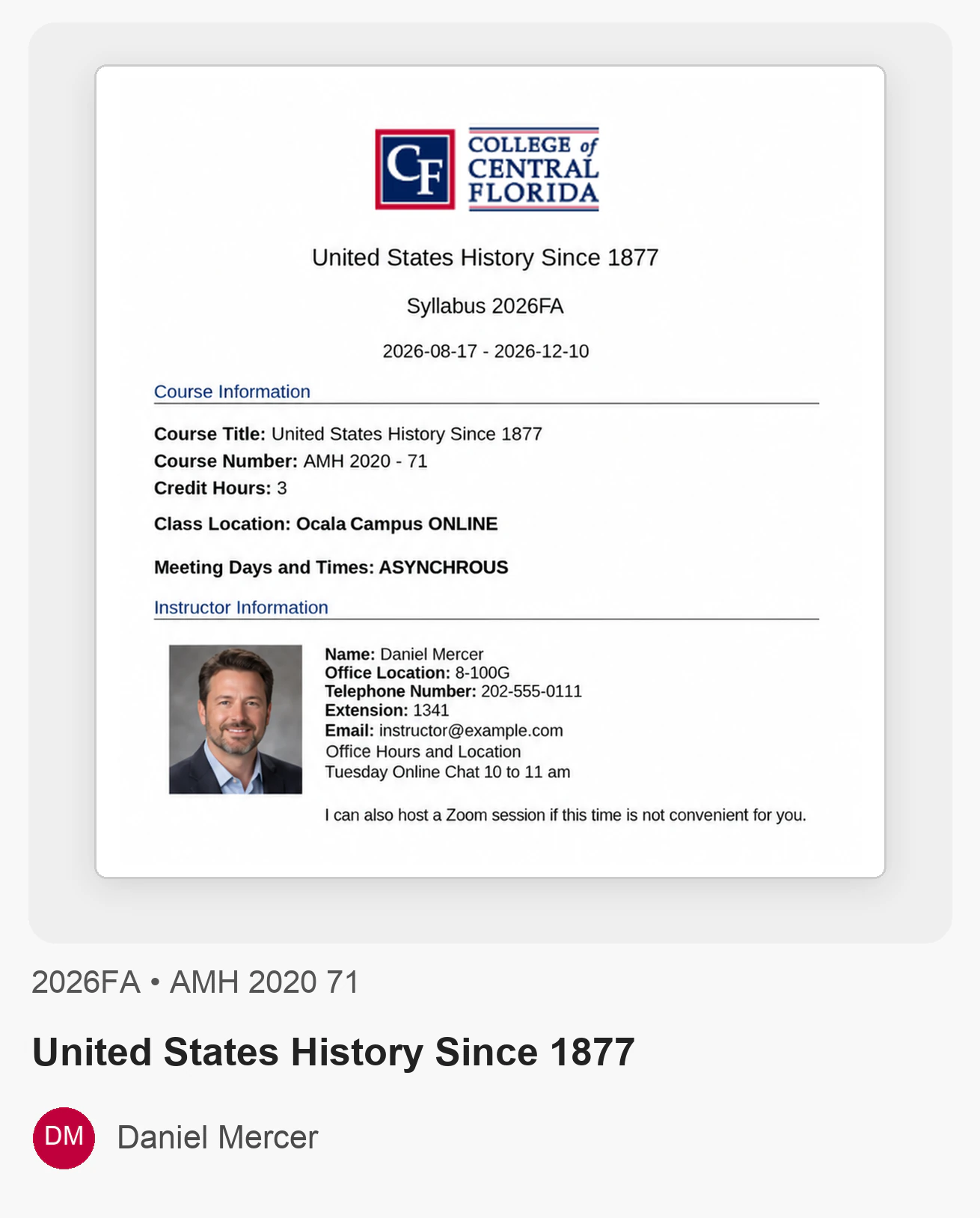 College of Central Florida syllabus example