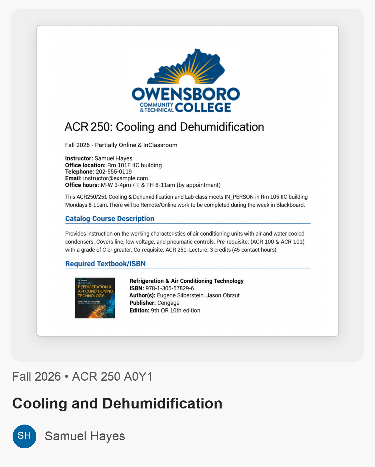 Owensboro Community and Technical College syllabus example