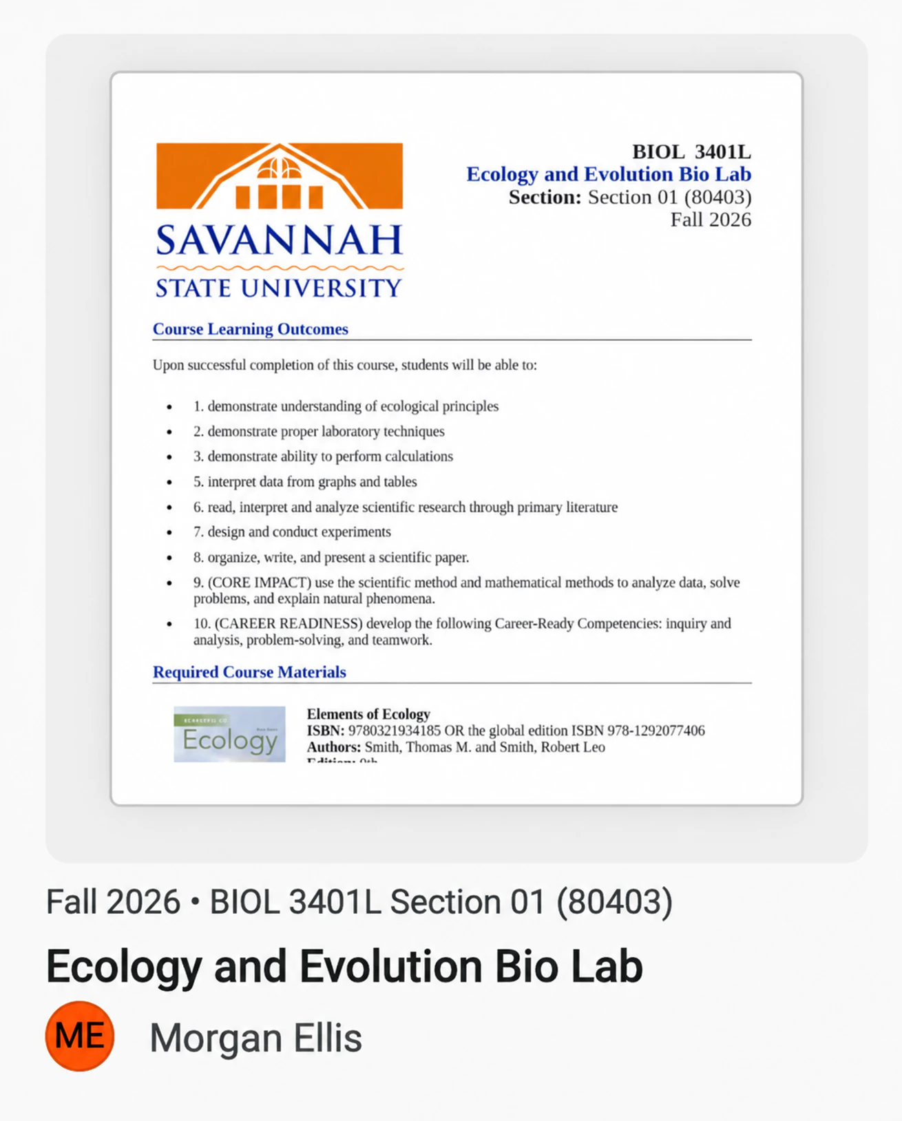 Savannah State University syllabus example