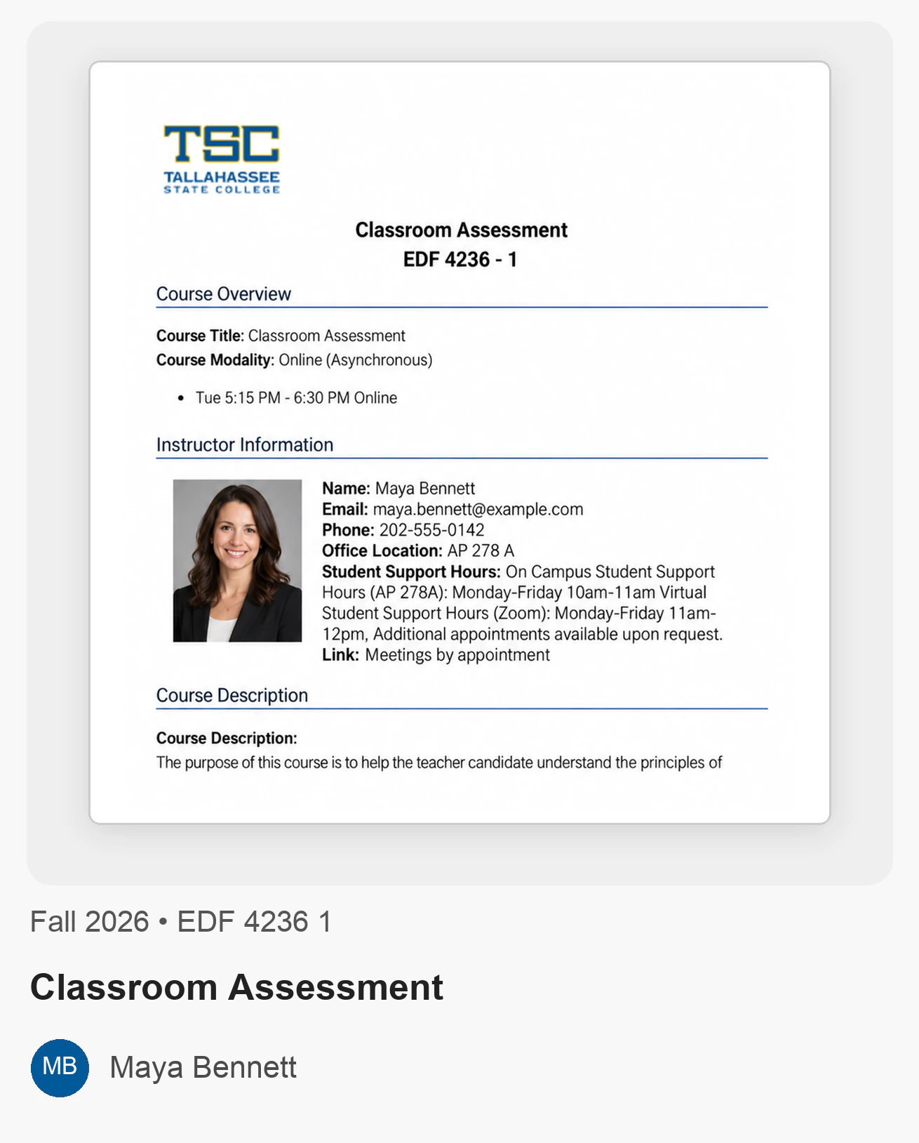 Tallahassee State College syllabus example