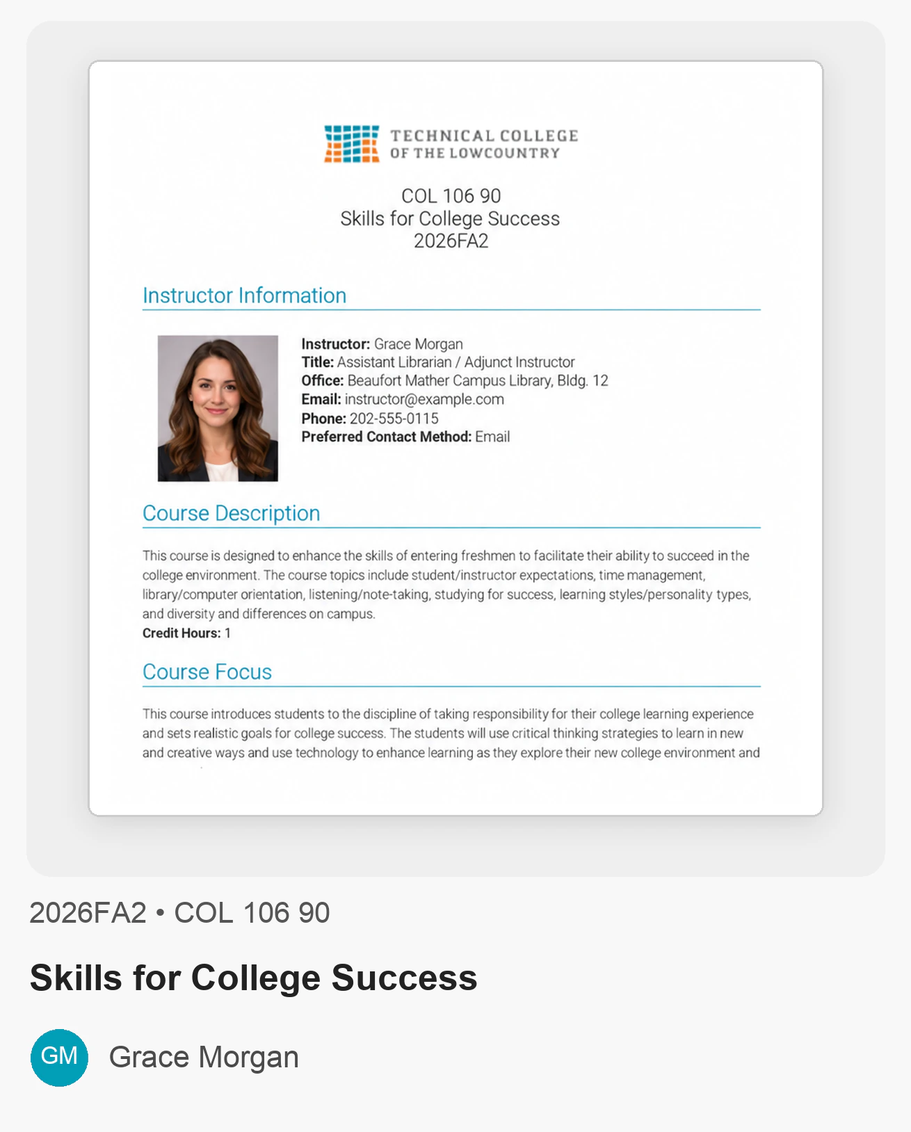 Technical College of the Lowcountry syllabus example