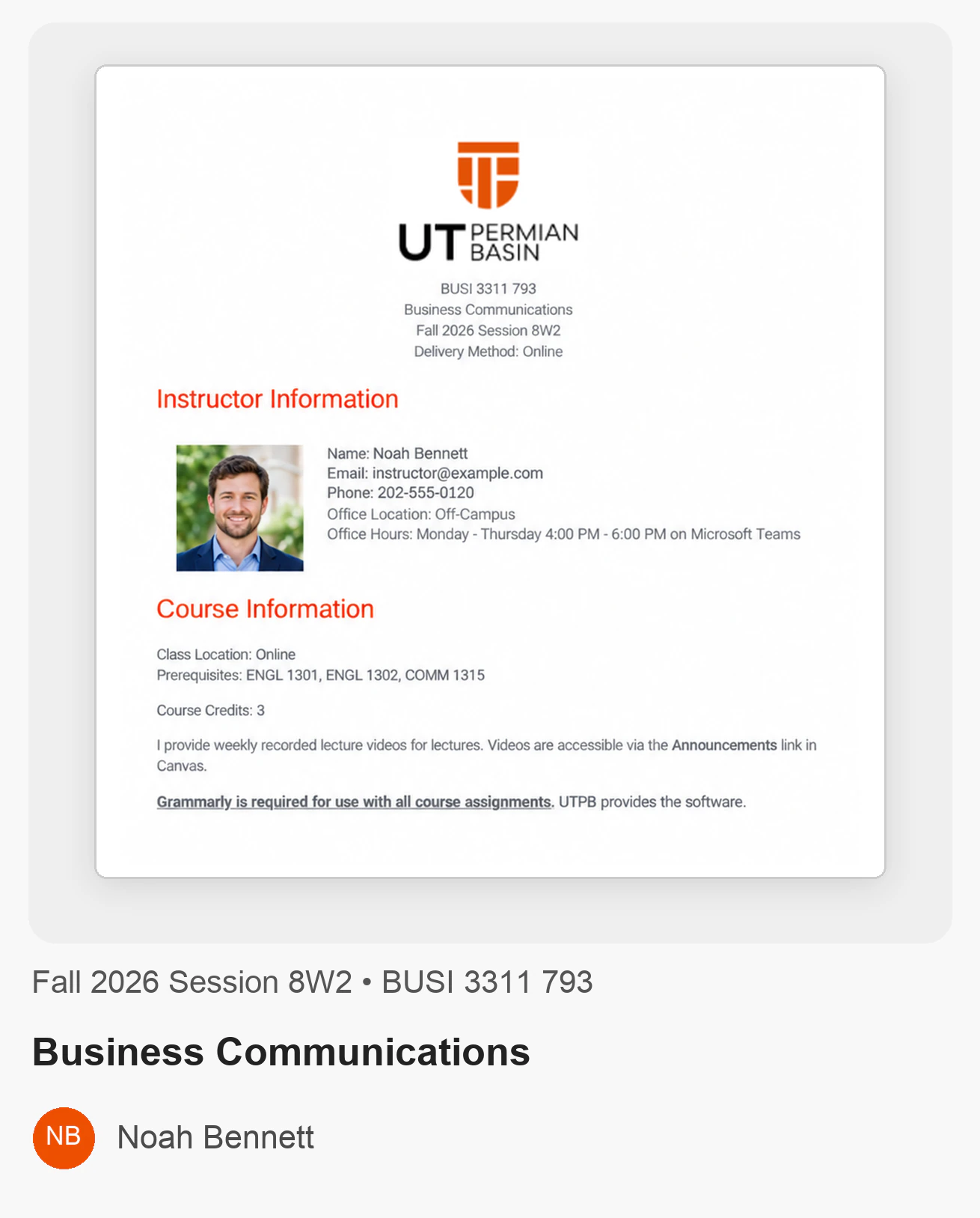 UT Permian Basin syllabus example