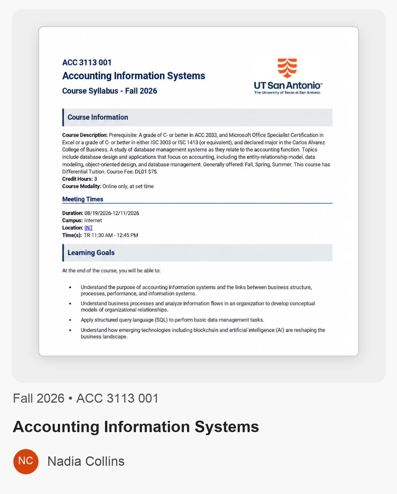 UT San Antonio syllabus example