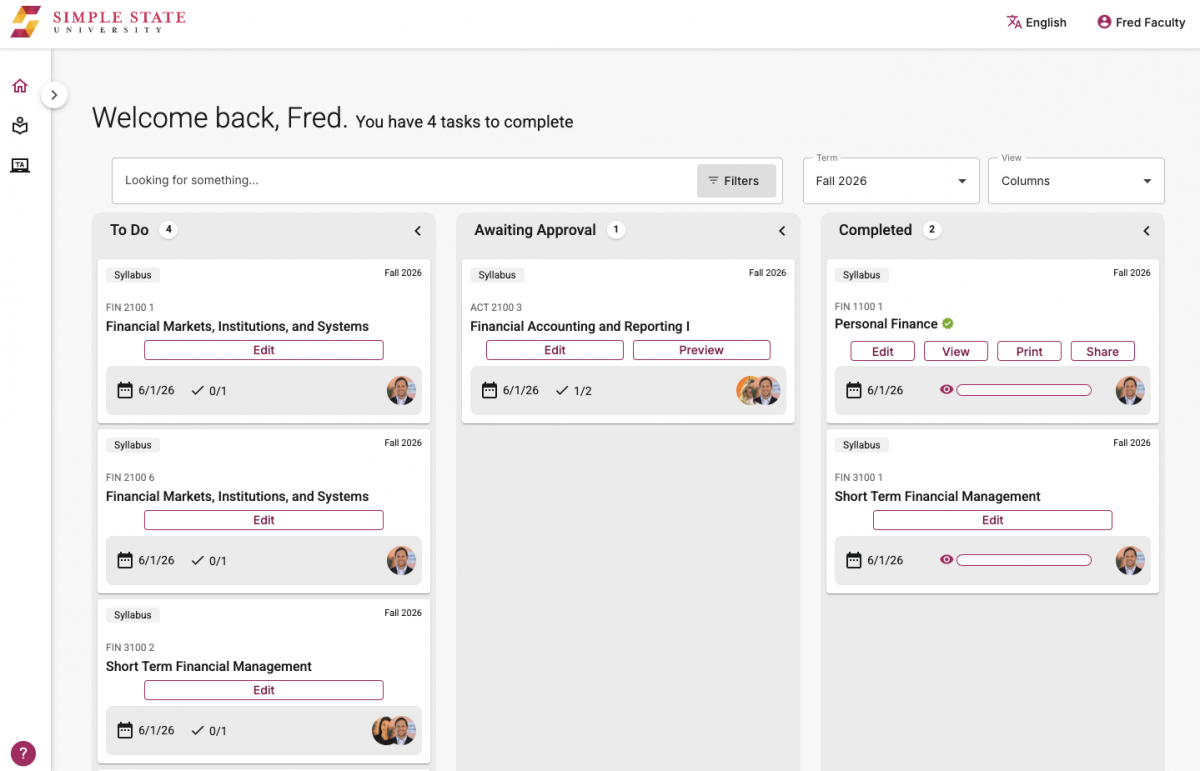 An instructor workflow dashboard for creating digital syllabi.
